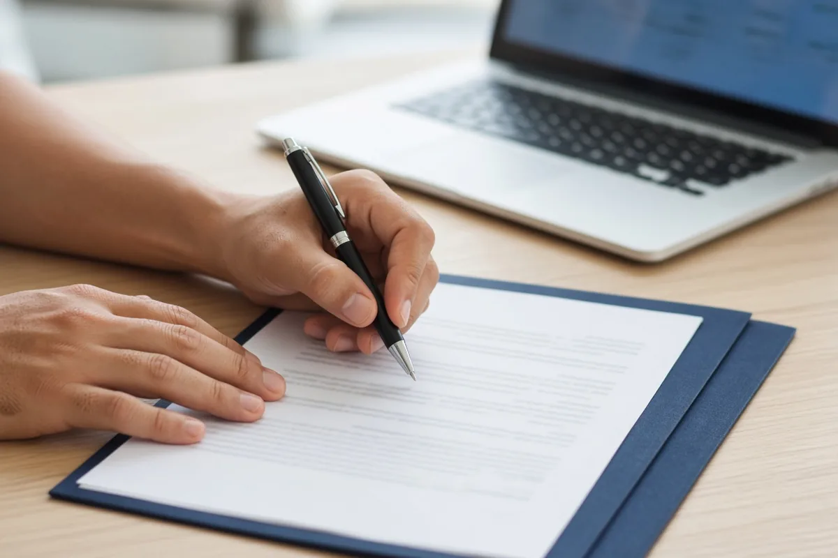 Persona revisando y firmando un acuerdo de licencia junto a una laptop